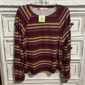 “Available” by Angela Fashion Horizontal Plum and Gold Striped Top M